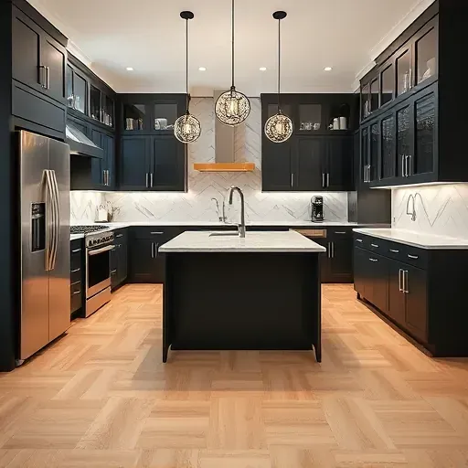 Remodeled kitchen in Blackwood NJ with matte black cabinetry, marble island, stainless steel appliances, and natural light.