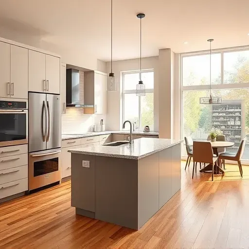 Renovated galley kitchen in Blackwood NJ with white matte cabinets, granite countertops, stainless steel appliances, subway tile backsplash, and warm porcelain flooring