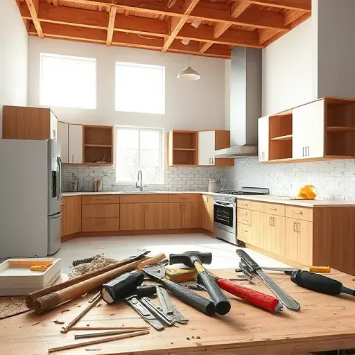 Spacious modern kitchen demolition in Blackwood NJ with exposed beams, debris, tools, and remaining appliances
