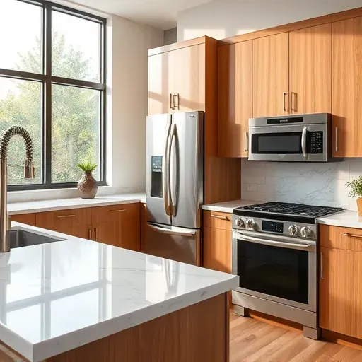 Modern kitchen with stainless steel appliances, quartz countertops, white cabinetry, spacious island, pendant lighting, hardwood floors, and large windows overlooking a lush backyard