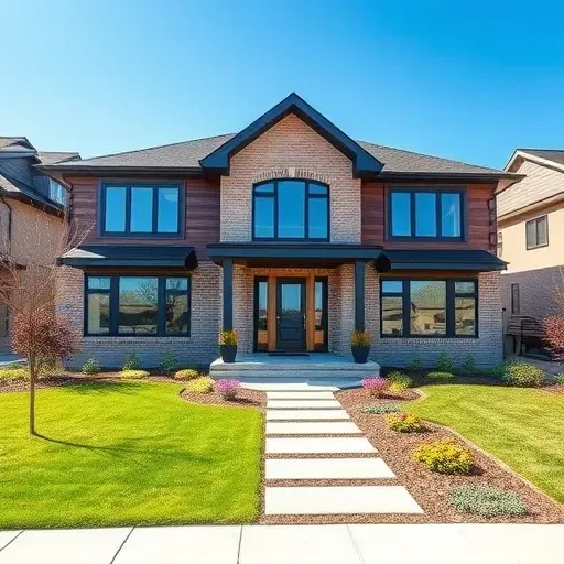 Stunning modern residential home in Blackwood NJ with brick and wood accents, landscaped yard, and clear blue sky.