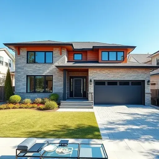 Completed modern home in Deptford NJ featuring stone and wood exterior, large windows, landscaped yard, and stylish porch.