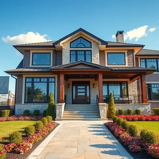 Modern home in Woodbury NJ featuring large windows, a spacious porch, landscaped yard, and elegant stone details.