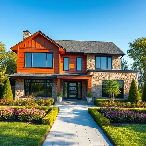 Modern residential home in Cherry Hill NJ showcasing elegant wood and stone design, energy-efficient windows, and manicured landscaping.