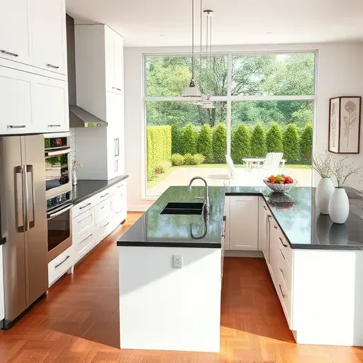 Remodeled small kitchen in Blackwood NJ with white cabinets, granite countertops, gray subway tile backsplash, and hardwood-style flooring
