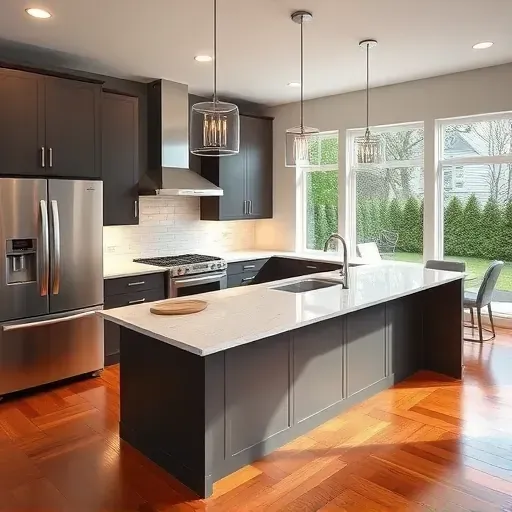 Newly remodeled kitchen in Blackwood NJ with modern cabinetry, stainless steel appliances, and quartz countertop island.