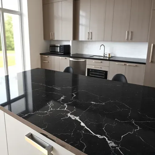 Blackwood NJ modern kitchen with polished black granite countertop featuring natural veining, sleek cabinetry, and stylish backsplash