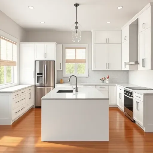 Modern kitchen remodel in Blackwood NJ with white cabinetry, quartz countertops, stainless steel appliances and hardwood flooring.