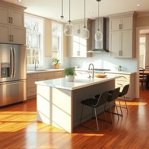 Newly remodeled kitchen in Blackwood NJ with modern cabinetry, quartz island, and warm hardwood flooring.