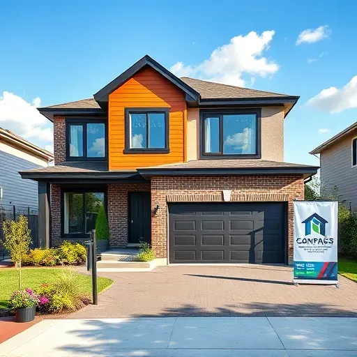 Modern home in Gloucester Township NJ with brick and wood finishes, landscaped yard, stylish garage, and clear blue sky.
