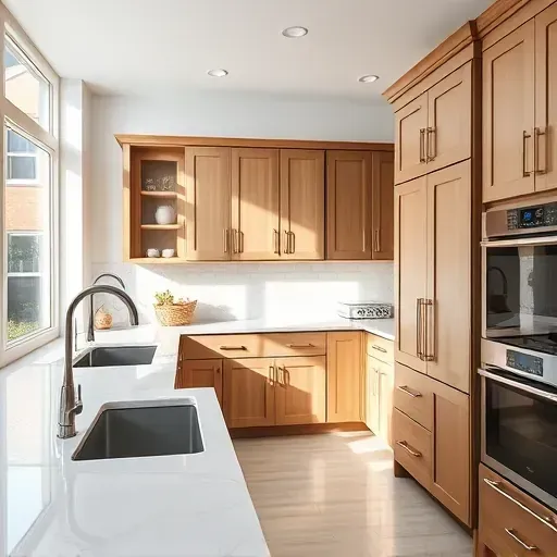 Refurbished kitchen with sleek matte cabinet doors, elegant hardware, quartz countertop, stainless steel faucet, and natural light.