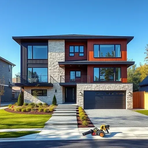 Modern residential home in Haddonfield NJ featuring dark wood and light stone, landscaped yard, and quality construction tools.