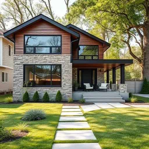 Contemporary home in Clementon NJ with stone and wood siding, large windows, and inviting landscaping.
