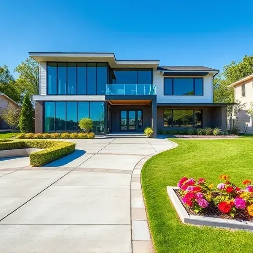 Modern home in Pennsauken, NJ features contemporary design, glass windows, lush landscape, and polished driveway.