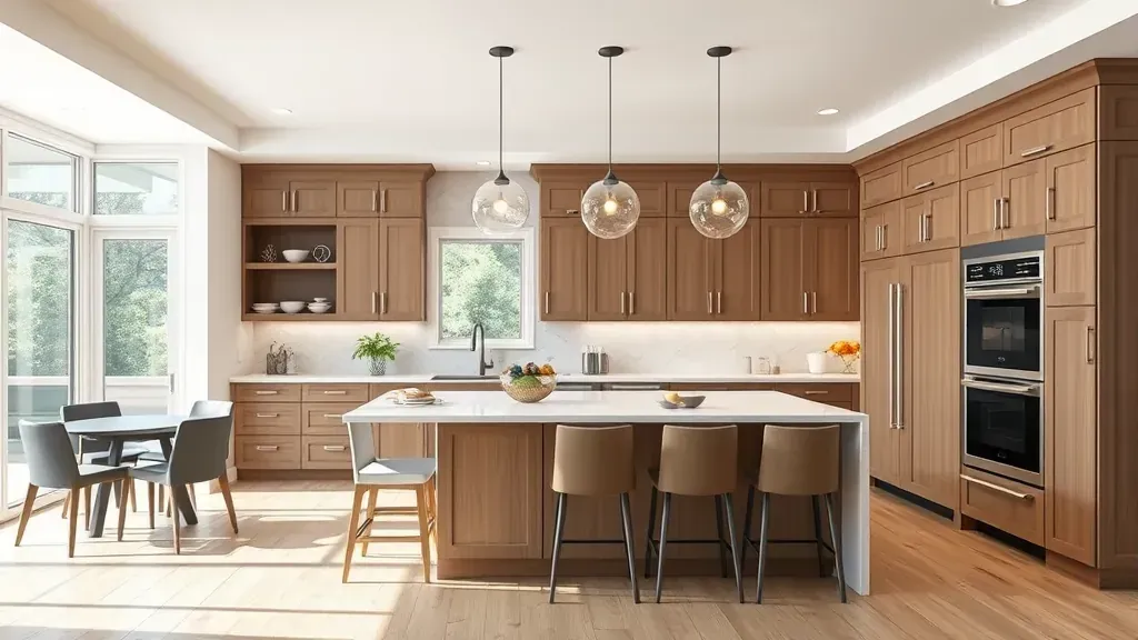 Modern bright kitchen in Blackwood NJ with stainless steel appliances, granite countertops, contemporary lighting, and new electrical fittings