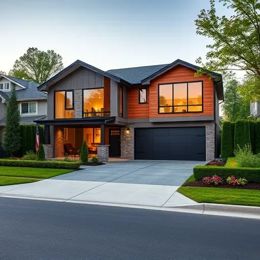 Modern home in Voorhees NJ with wooden accents, glass windows, manicured lawn, and welcoming façade in a serene neighborhood.