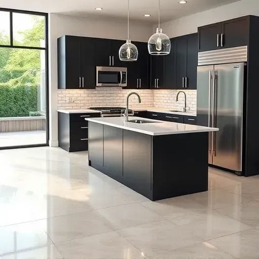 Newly renovated kitchen in Blackwood NJ with matte black cabinetry, quartz countertops, and stylish pendant lighting.