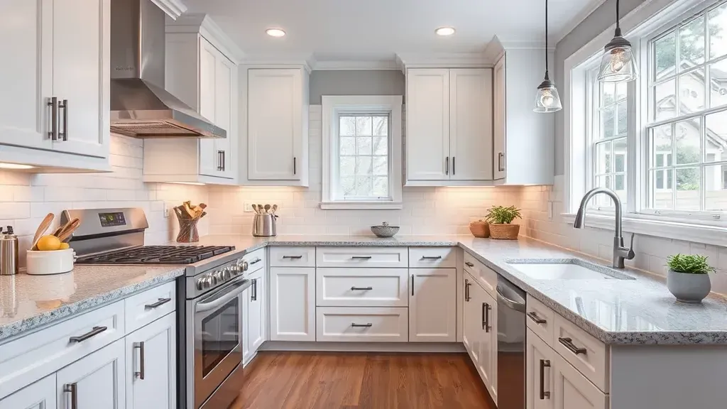 Modern blackwood kitchen in Blackwood NJ with matte black cabinets, stainless steel appliances, granite island, textured tile backsplash, and hardwood floors