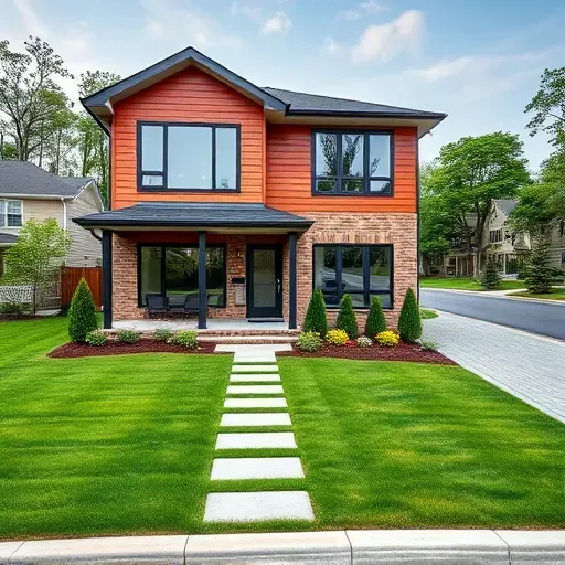 Modern two-story home in Blackwood NJ with brick wood siding large windows landscaped yard and stylish driveway.