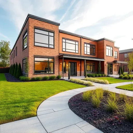 Completed residential project in Palmyra NJ with modern design, brick and wood, large windows, and landscaped grounds.