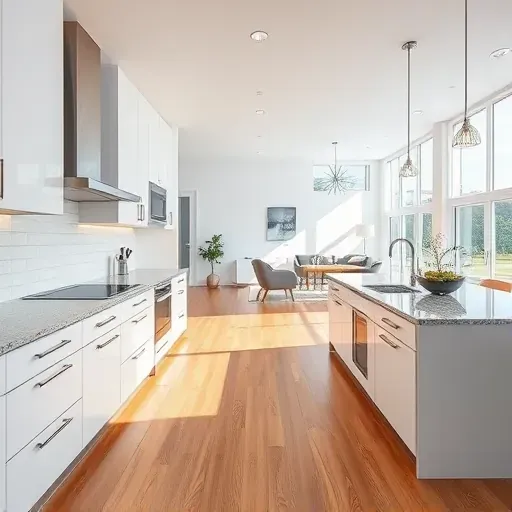 Bright renovated modern kitchen with granite countertops stainless steel appliances hardwood floors white walls and natural light