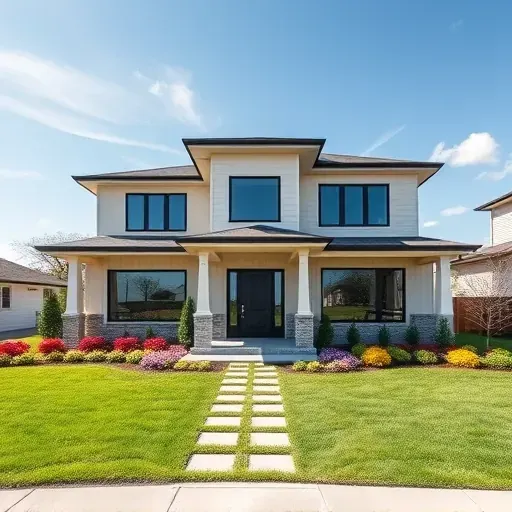 Completed General Contractor project in Monroe Township NJ featuring a modern home with lush landscaping and clear blue skies.