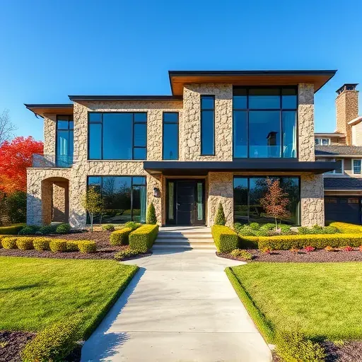 Modern home in Williamstown NJ showcases natural stone, glass windows, manicured landscaping, and autumn foliage.