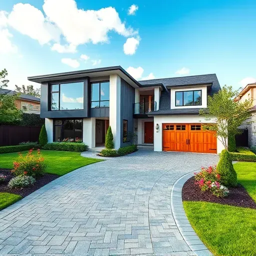 Completed modern home in West Deptford NJ with large windows, landscaped yard, and decorative stone driveway.