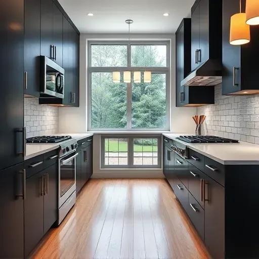 Modern blackwood kitchen with black cabinetry, stainless steel appliances, white quartz countertops, hardwood floors and large windows