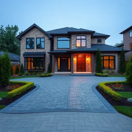 Modern residential home in Haddon Township NJ featuring a warm stone facade and lush landscaping. Pristine front door view.