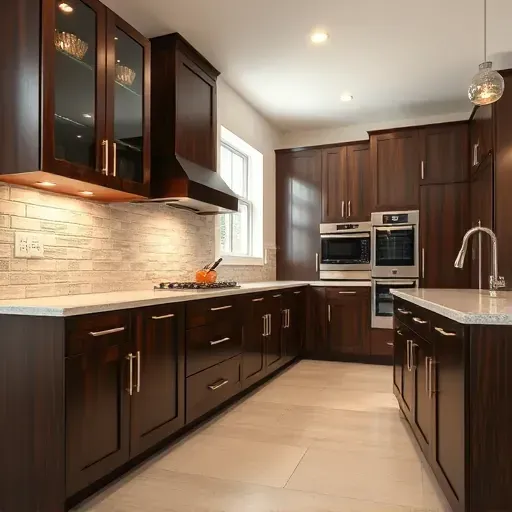 Newly installed blackwood kitchen cabinets with polished surfaces, quartz countertops, and modern design in a spacious open-concept kitchen