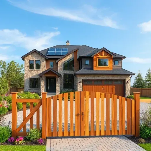 Modern home in Audubon NJ showcasing stone and wood exterior with solar panels, landscaped garden, and cobblestone driveway.