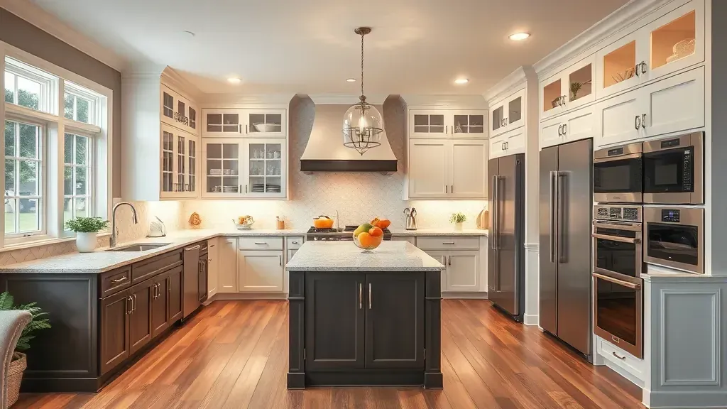 Modern custom kitchen with high-end matte cabinetry, pull-out shelves, soft-close drawers, polished granite countertops, and stylish backsplash