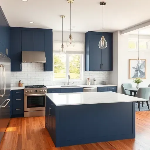 Recently remodeled Blackwood kitchen with navy cabinetry, stainless steel appliances, quartz countertops, and hardwood floors.