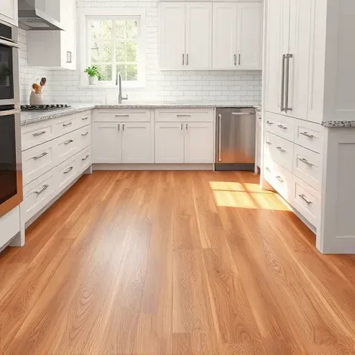 Freshly installed polished hardwood kitchen flooring with warm tones, intricate grain, in a modern NJ kitchen setting