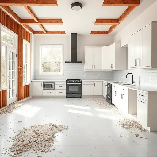 Completed kitchen demolition in Blackwood NJ showing clean floors, removed cabinets, exposed walls, and bright natural lighting