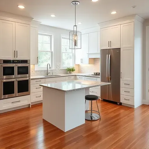 Modern kitchen remodel in Blackwood NJ featuring white cabinetry, granite island, stainless steel appliances, and hardwood floors.