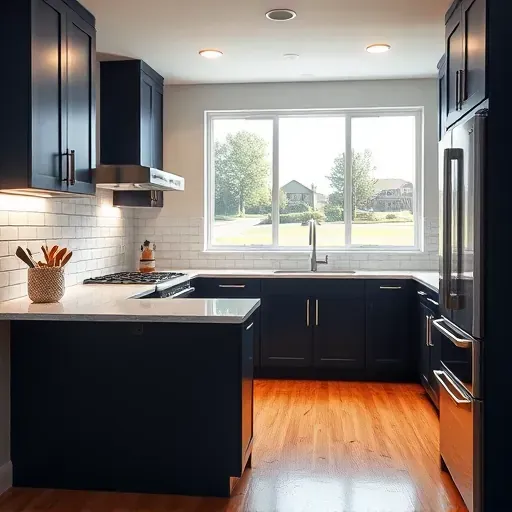 Modern blackwood kitchen with matte black cabinetry, wood grain accents, organized pull-out shelves, and stainless steel appliances