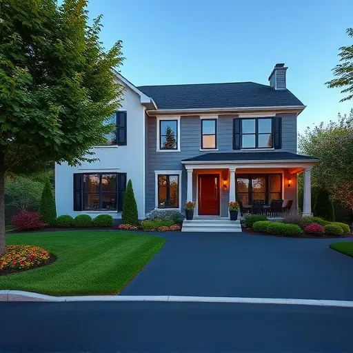 Exterior view of a modern residential home in Marlton NJ with large windows, landscaped yard, and elegant porch.