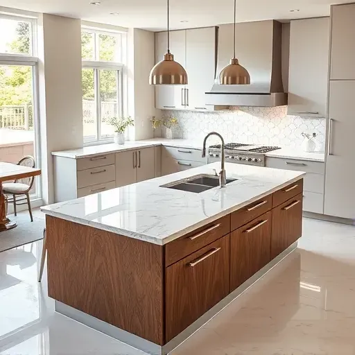 Completed blackwood kitchen with marble countertops stainless steel fixtures elegant cabinetry and natural lighting