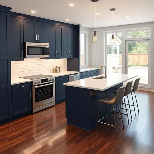 Modern kitchen remodel in Blackwood NJ featuring navy cabinetry, quartz countertops, and stylish design elements.