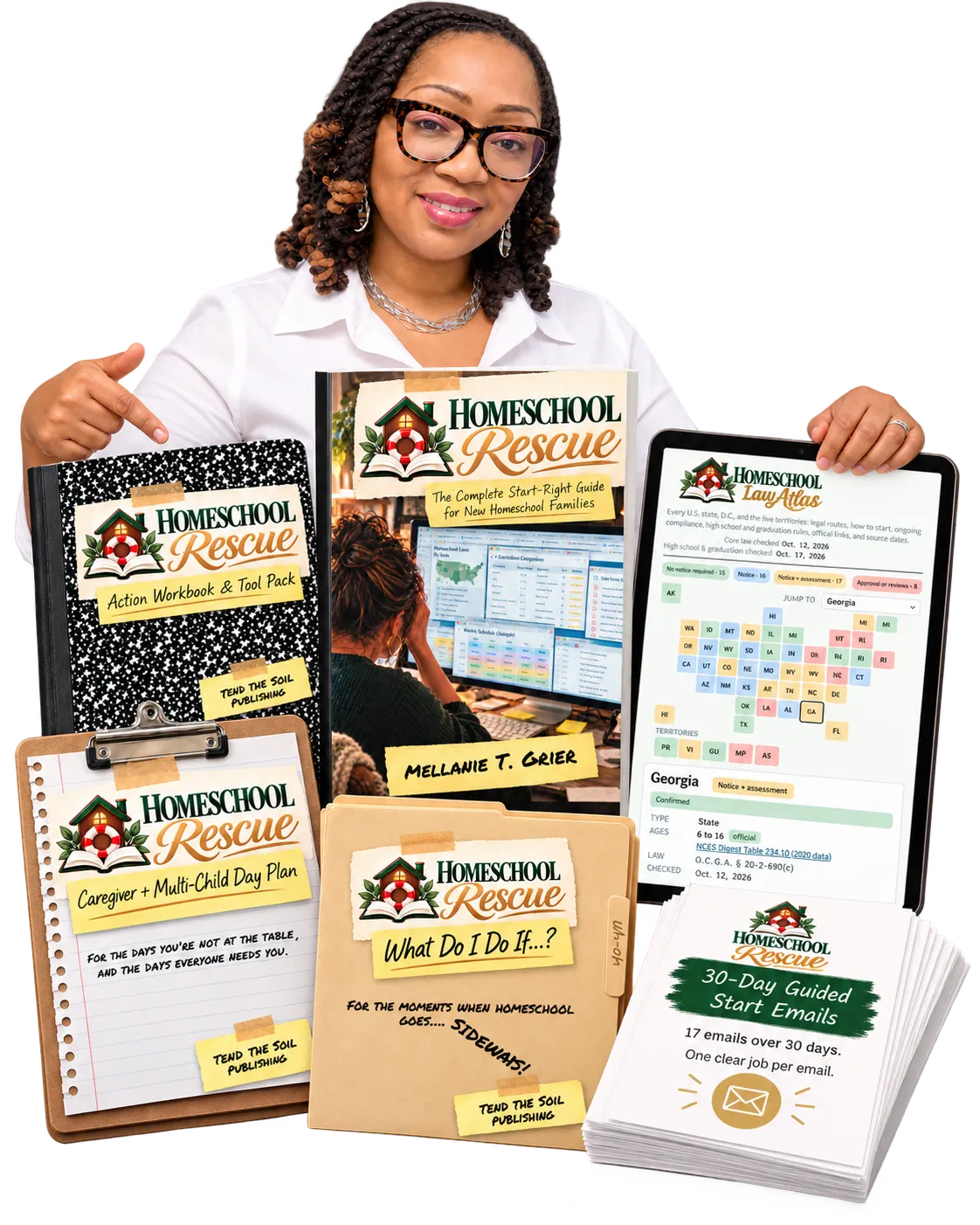 Homeschool Rescue System Master Guide, Daily Rhythm Workbook, and State Law Atlas bound editions