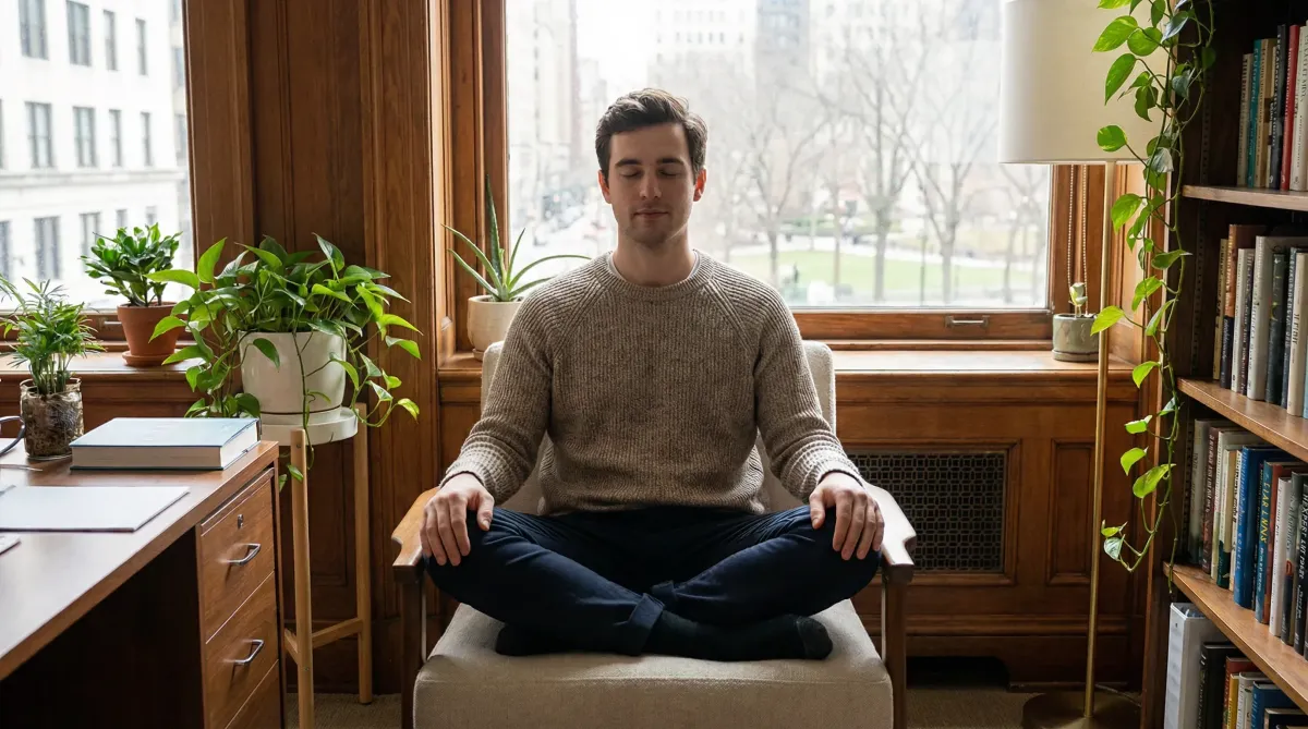 Young male entrepreneur practicing body-focused mindfulness and emotional regulation in a comfortable office setting