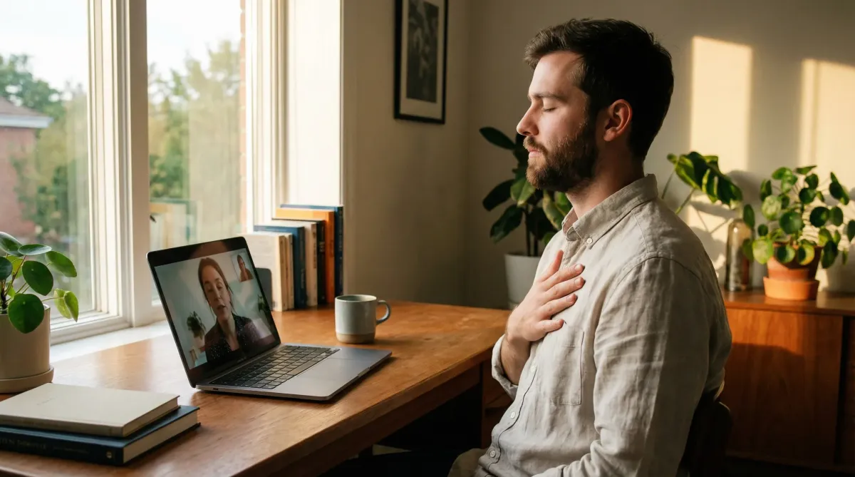 Young male entrepreneur practicing body-focused meditation, shifting attention from thoughts to physical presence