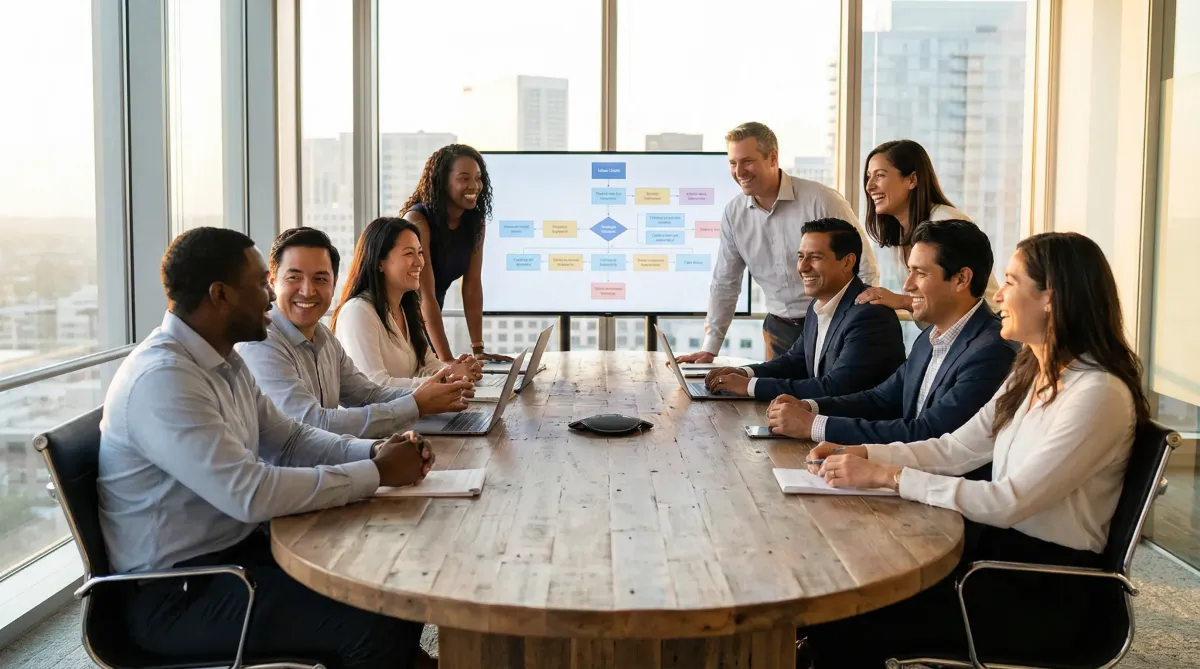 Diverse corporate leadership team collaborating effectively with high engagement and emotional intelligence