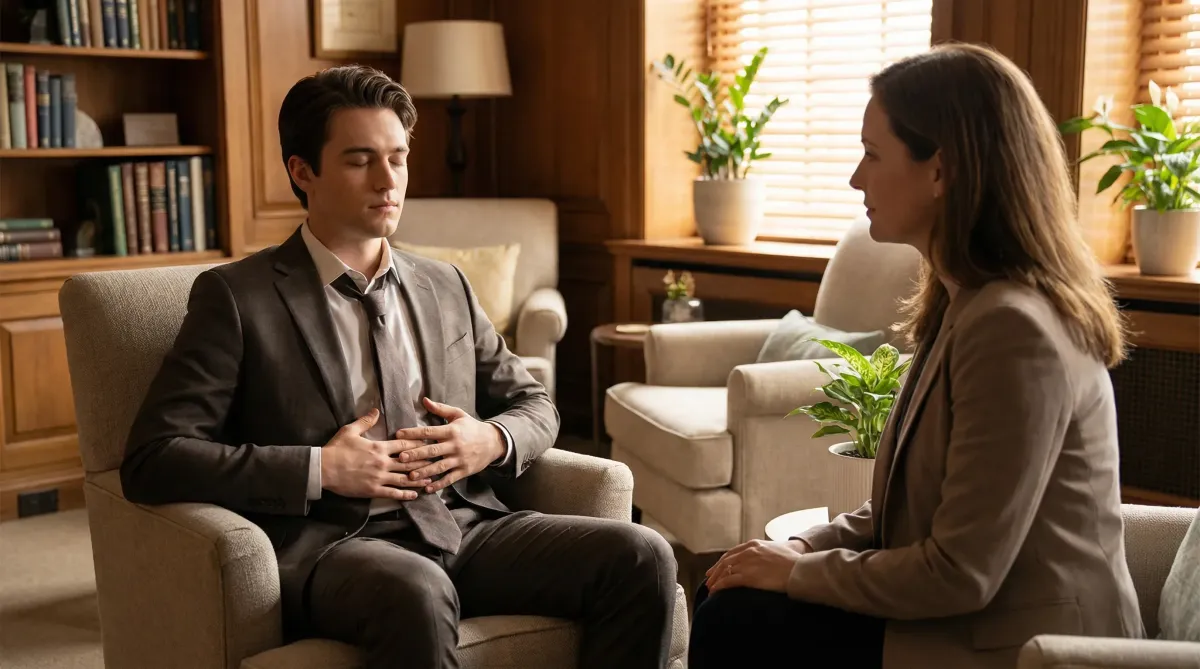 Young male entrepreneur engaged in a one-on-one mindfulness coaching session, practicing somatic awareness
