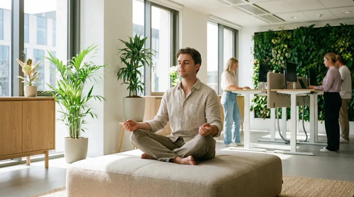 Young male executive finding clarity and focus amidst a busy work environment