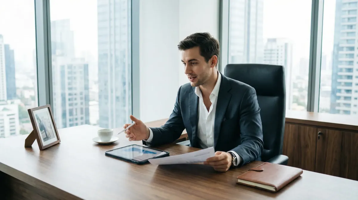 Confident young male founder leading a team meeting, exuding calm executive presence and clear decision-making