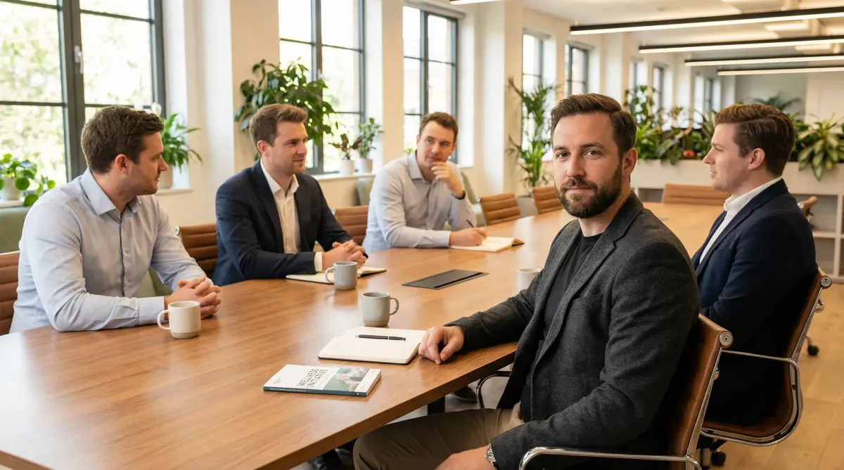 Corporate team sitting around a boardroom table engaged in a moment of calm, grounded focus, representing mindfulness corporate training