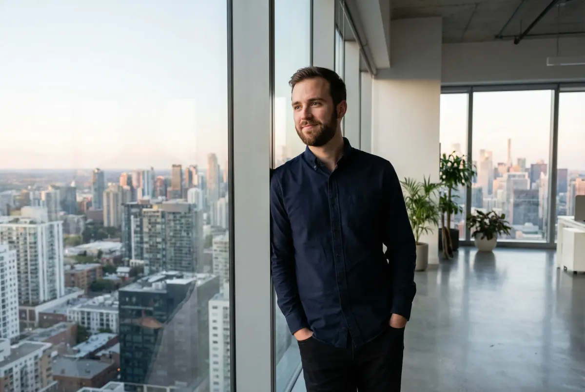 Confident young male founder leading a team meeting with clear focus and grounded authority